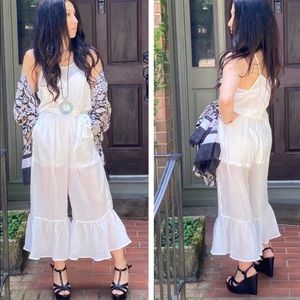 Ultra Sheer White Ankle Ruffle Jumpsuit Sz Small